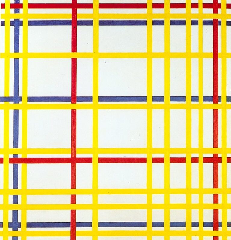 Line grids, different hues, creating space and depth. The yellow feels all over, while the red comes forward and the blue goes back.