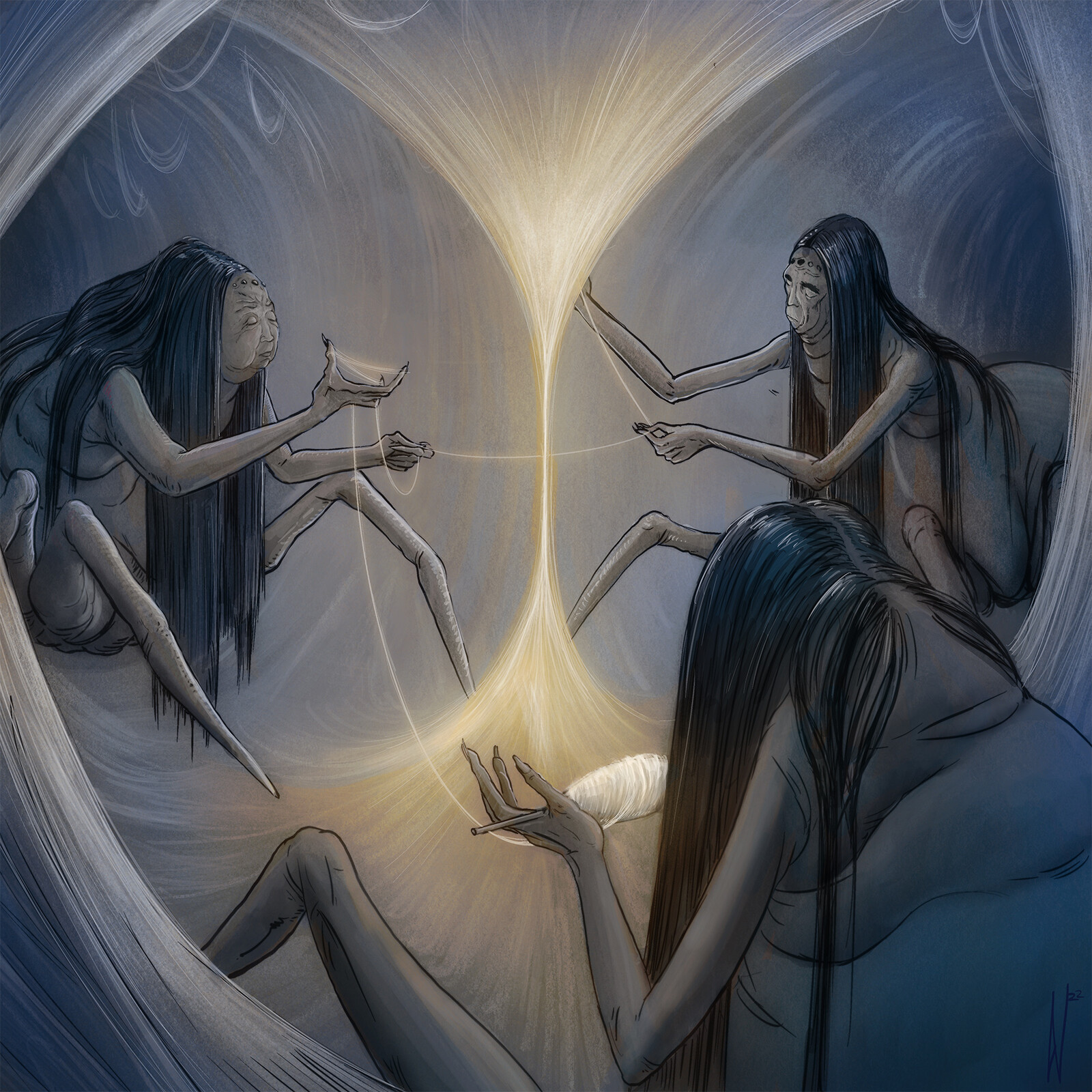Time Keeper - Inspired by the Norns from Norse mythology, as well as the Greek Moirs (called Parsees by the Romans). Here are my spider creatures that I developed some time ago and now spin the threads of fate. 