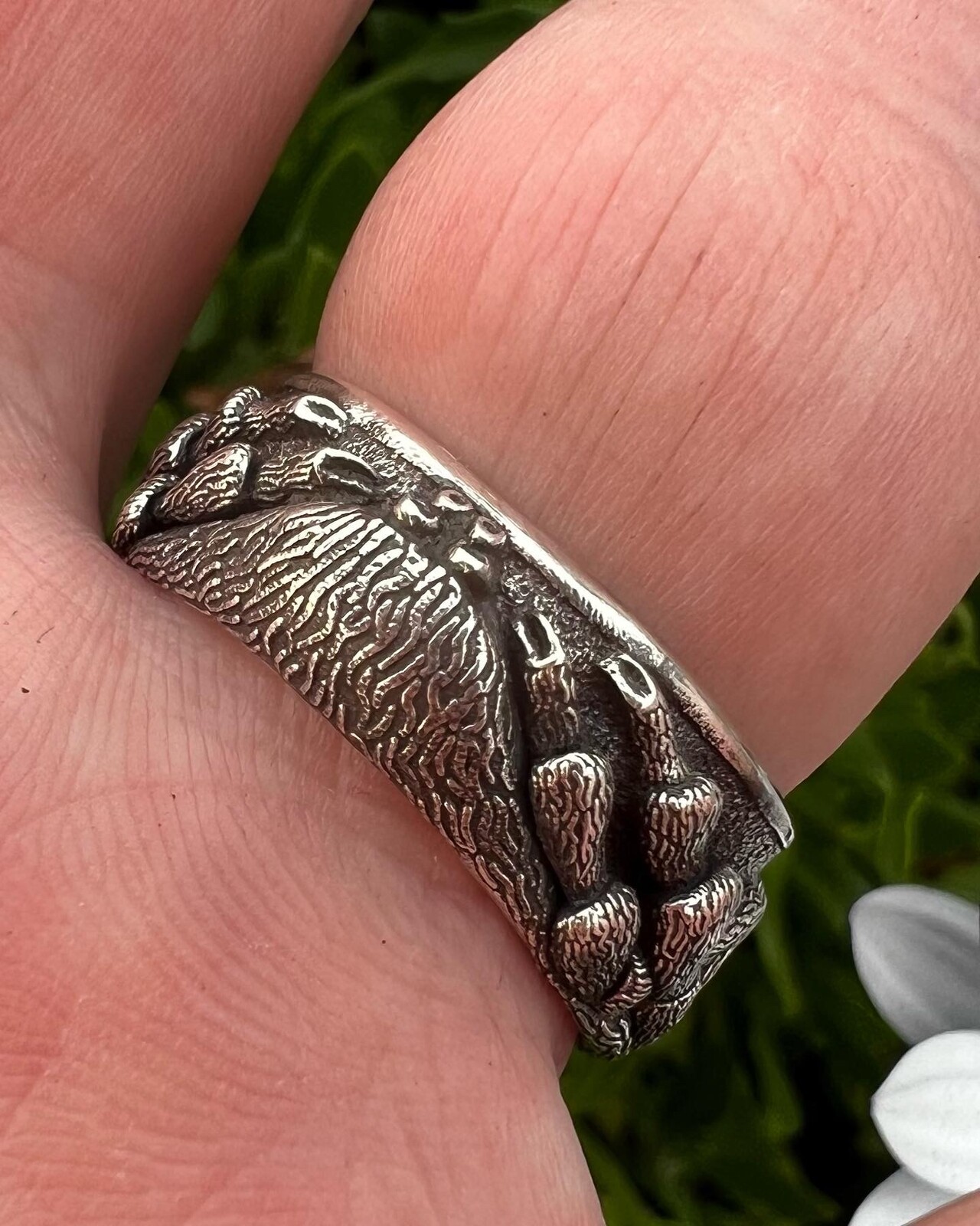 Photo of ring cast in sterling silver. For sale at www.zbrushjewelrywarehouse.com/products/jumping-spider-ring