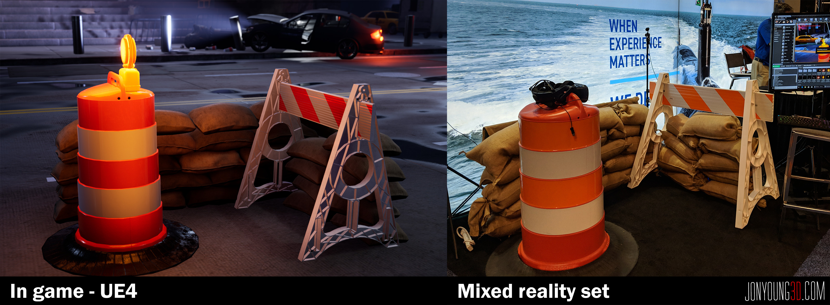 I modeled the traffic cone and barricade 3D models and textured them in Substance Painter to ensure the mixed reality set pieces matched 1:1 with their real-world counterparts.