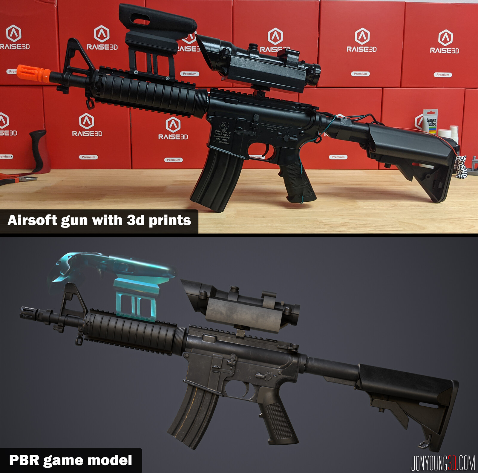 I adjusted and added new elements to an existing M4 model to more closely resemble the real mock rifle/mixed reality controller the player used. I then re-textured the model in Substance Painter, and designed and 3D printed various component attachments.
