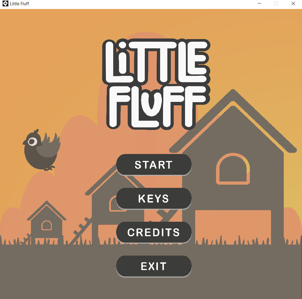 Designed Game Start / Menu Screen and created the art assets used here (except the character and logo).
Background: Little Fluff fluffing off to its journey from the coop.