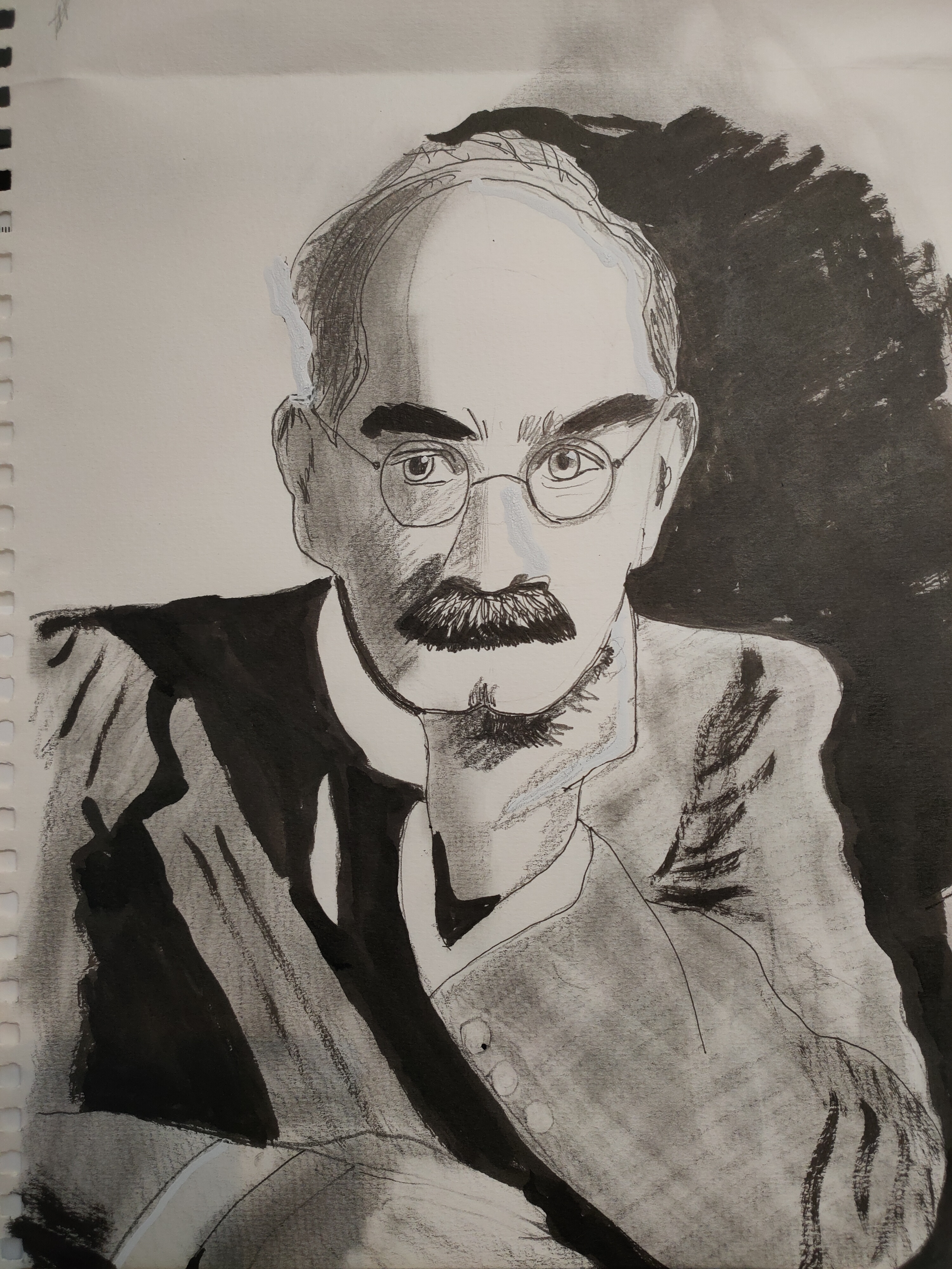 Pencil and ink portrait of Rudyard Kipling, the writer of The Jungle Book