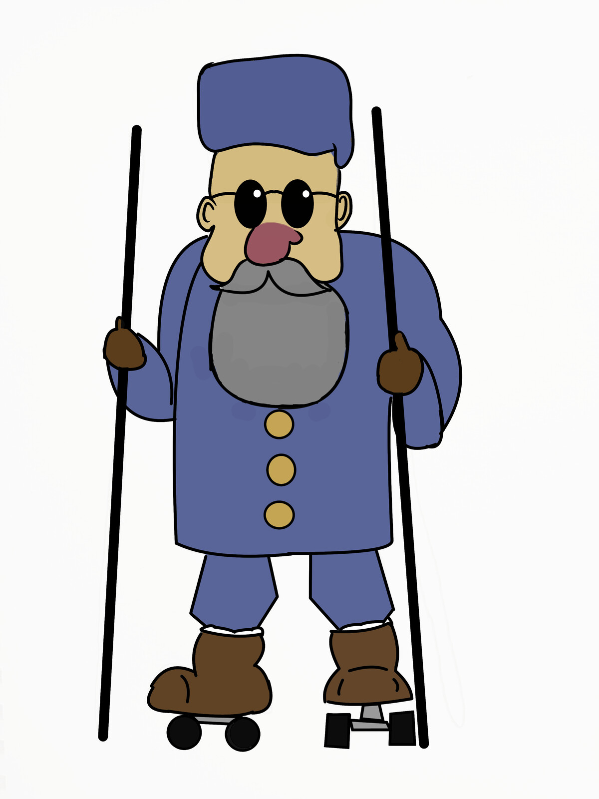 A Man created with basic shapes for easy animation, who follows his friend in his new hobby.  Inspired by Foggy Dewhurst from The Last Of The Summer Wine and elders in Studio Ghibli films.