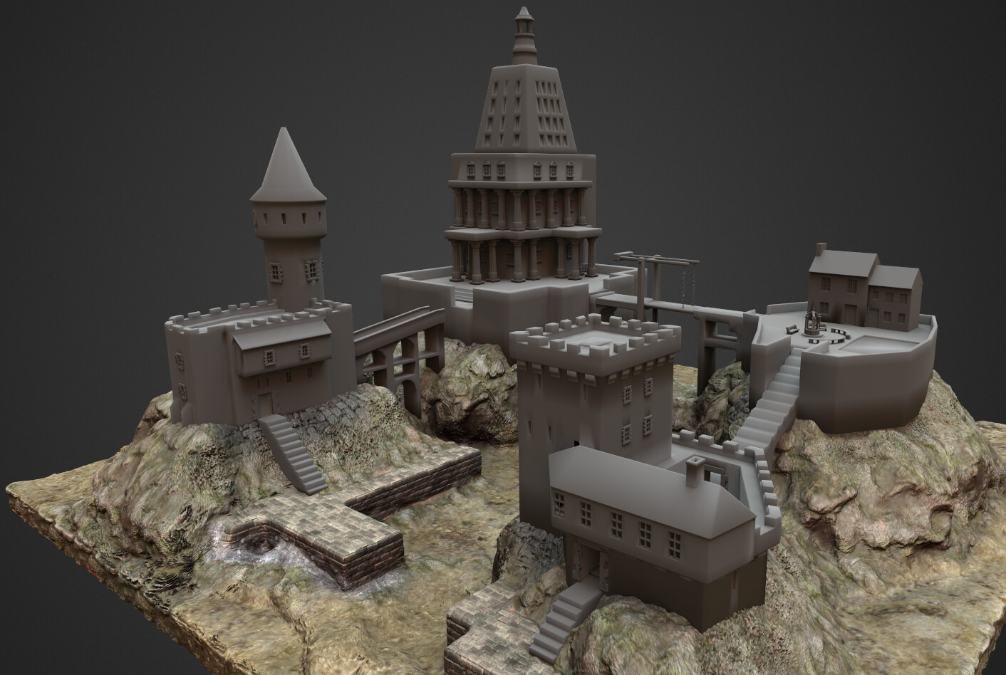 The modeling almost done. The tower on the left was completely out of proportions, so I reduced its size later.