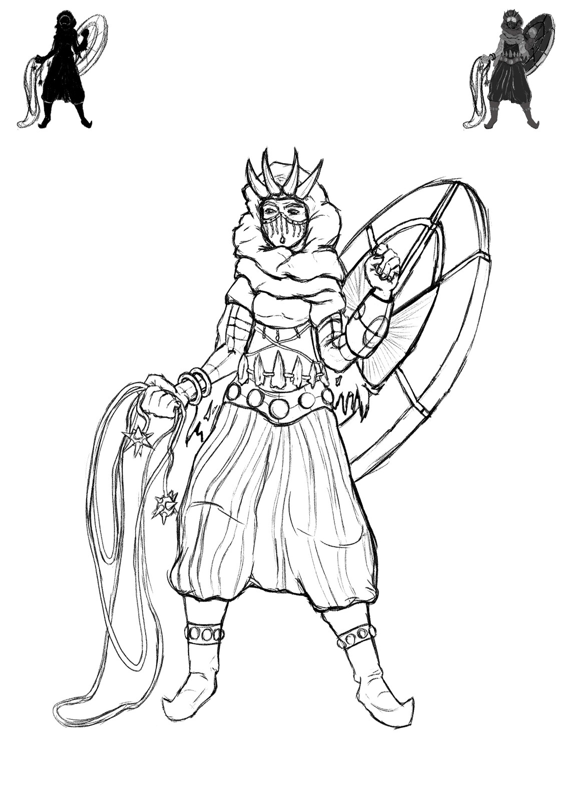First sketch to create a detailed character from the chosen silhouette.