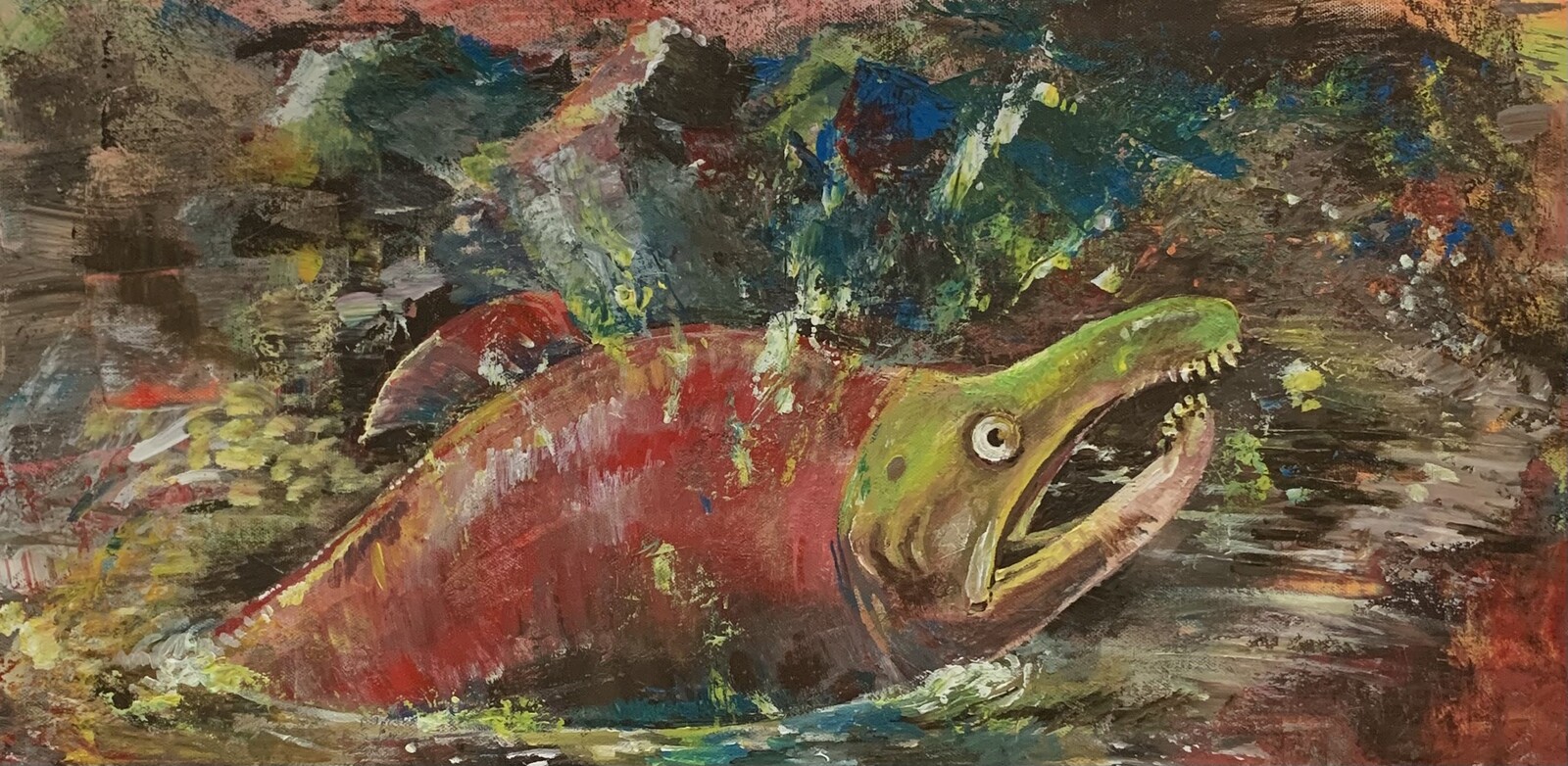 Acrylic painting of a spawning salmon
