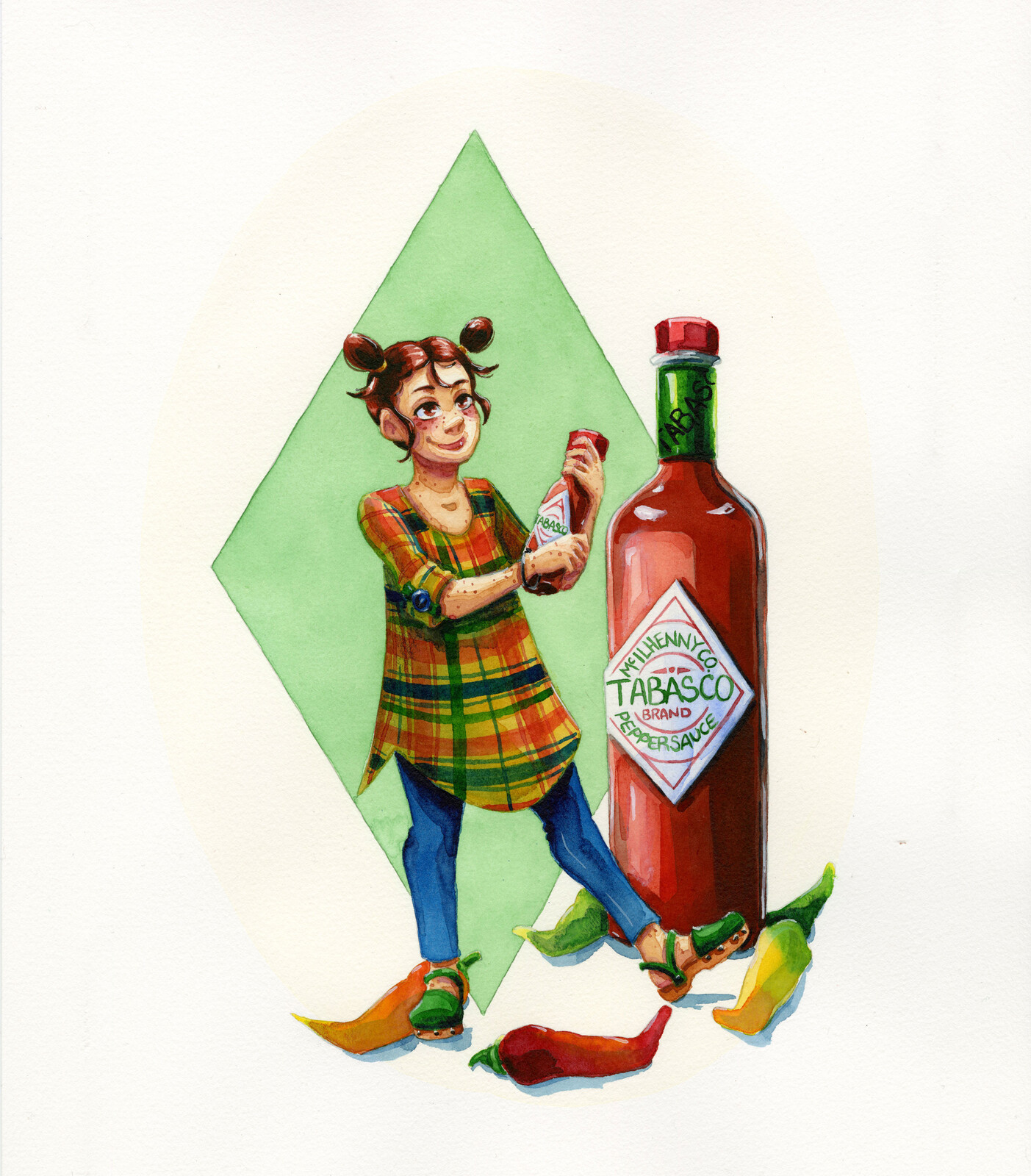 Completed Watercolor Illustration featuring my character, Kara, holding a tiny bottle of Tabasco hot sauce.