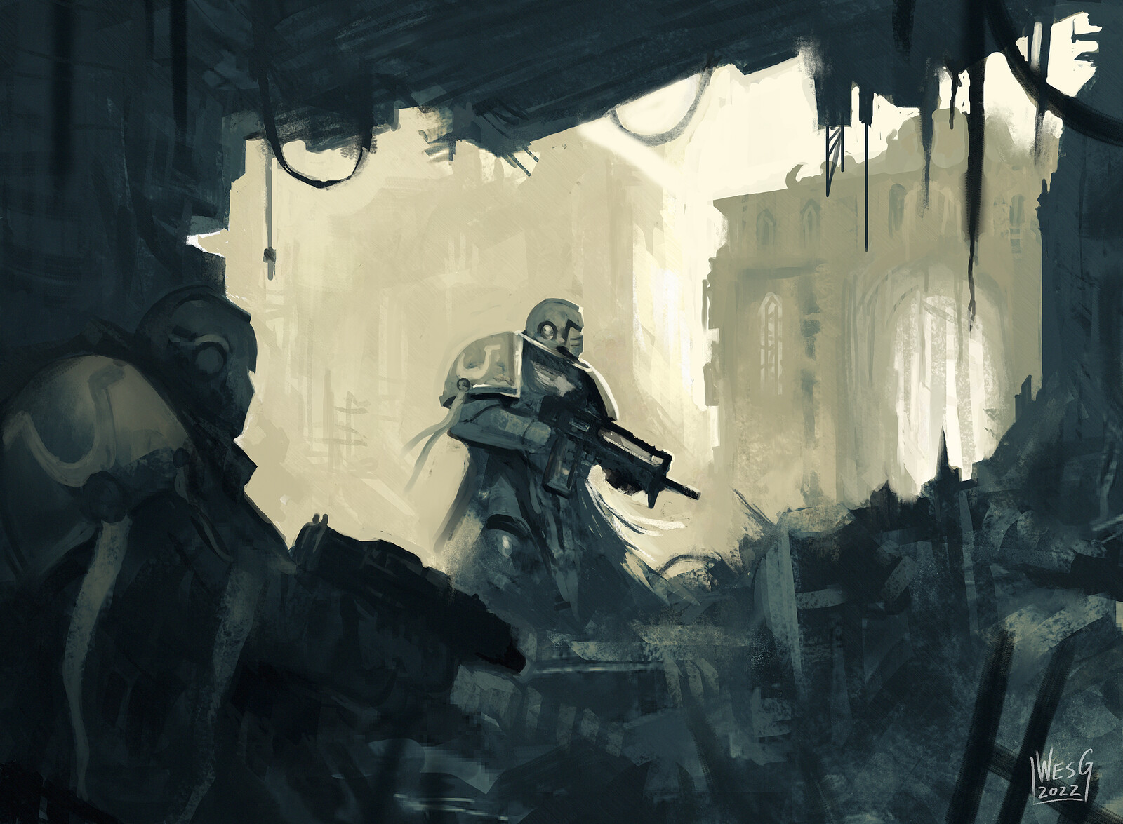 Through The Rubble (WH40k Sketch)