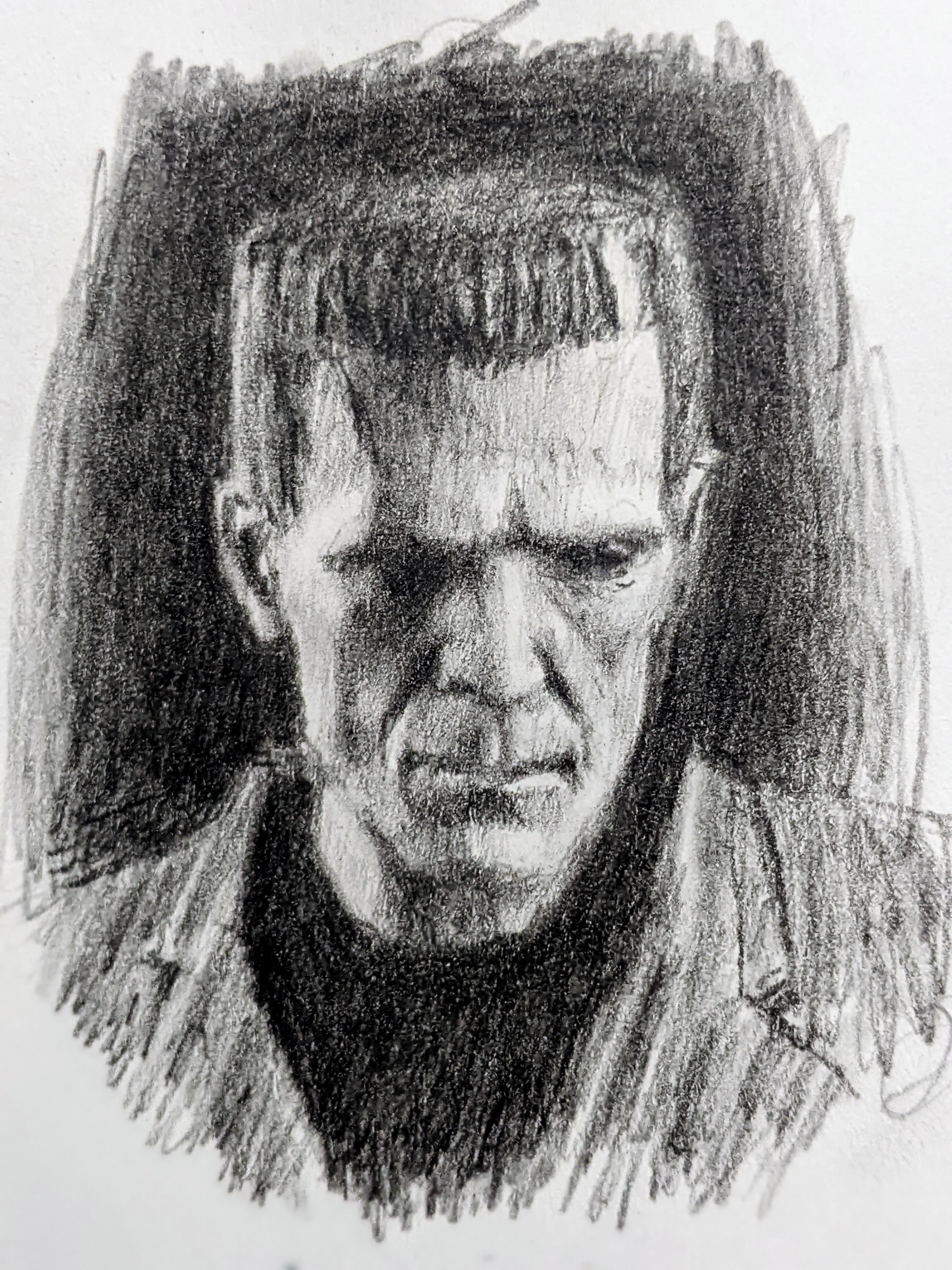 Sketch of Frankenstein's Monster. Pencil on paper from photo reference I took