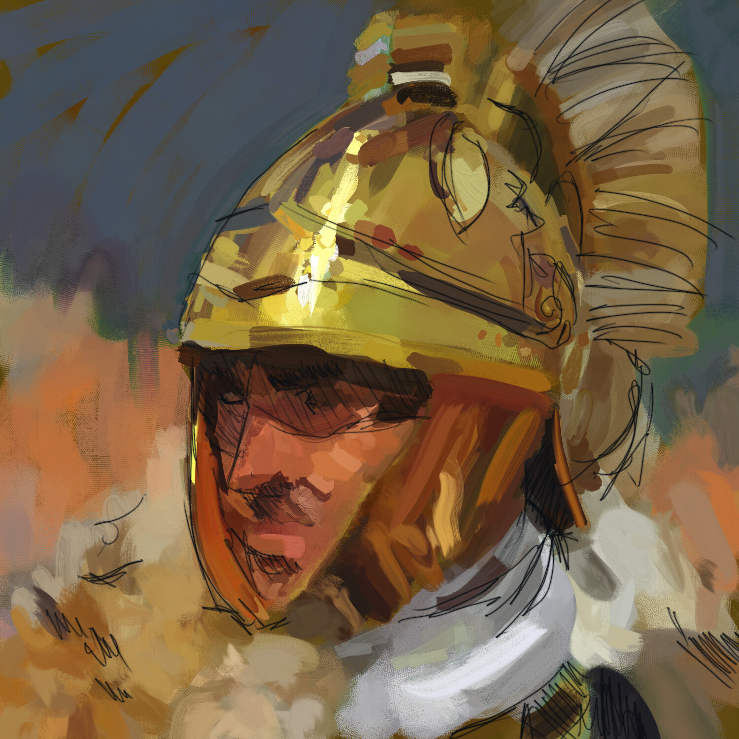 Start refining shapes, focusing on brush stroke direction to match form or draw interest