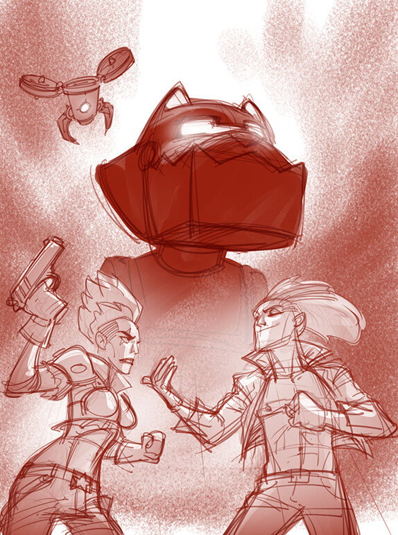 Initial idea sketch. Here we have the main character, the drone + regular enemy and the boss at the background. 