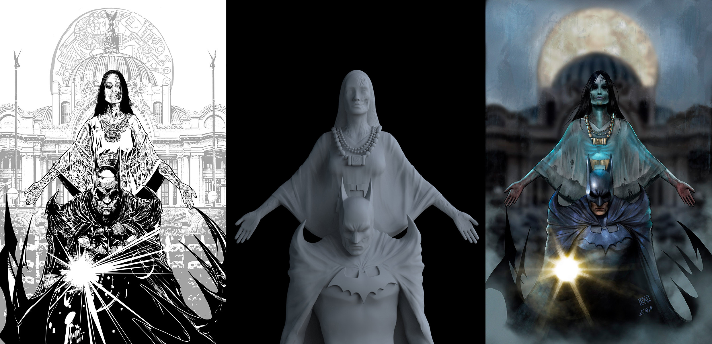 From left to right.

1.- Drawing from Raúl Valdés
2.- I made a quick sculpture to use it as base for the illustration.
3.- I digitaly painted the basic render to finish the cover.