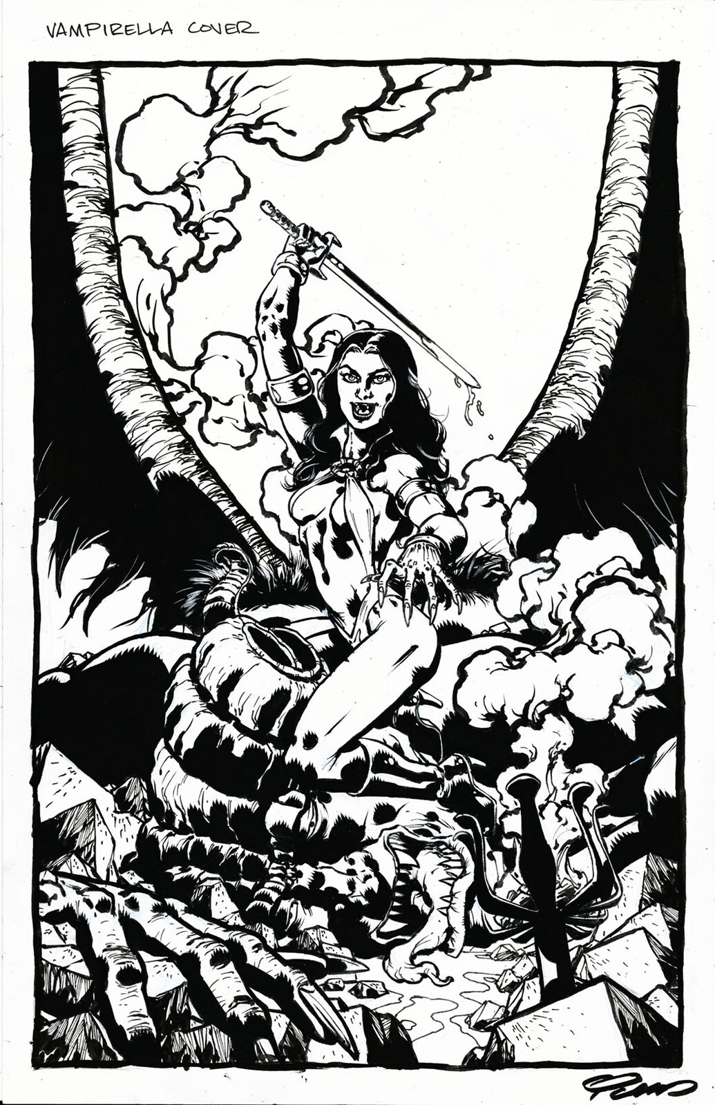 Original line art for the cover to Vampirella #25 published by Dynamite Comics. 