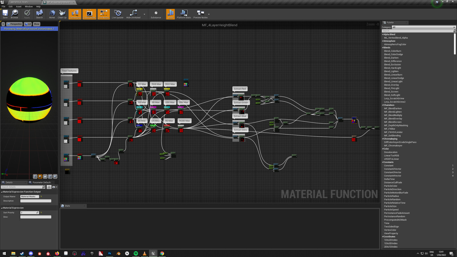 The custom four layer height blend material function, which controls how the textures blend and the height displacement near the player camera.