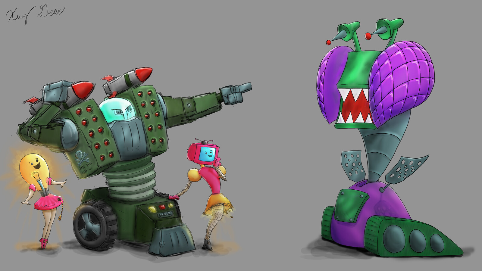 Cute bots, Battle bot, and alien robot.