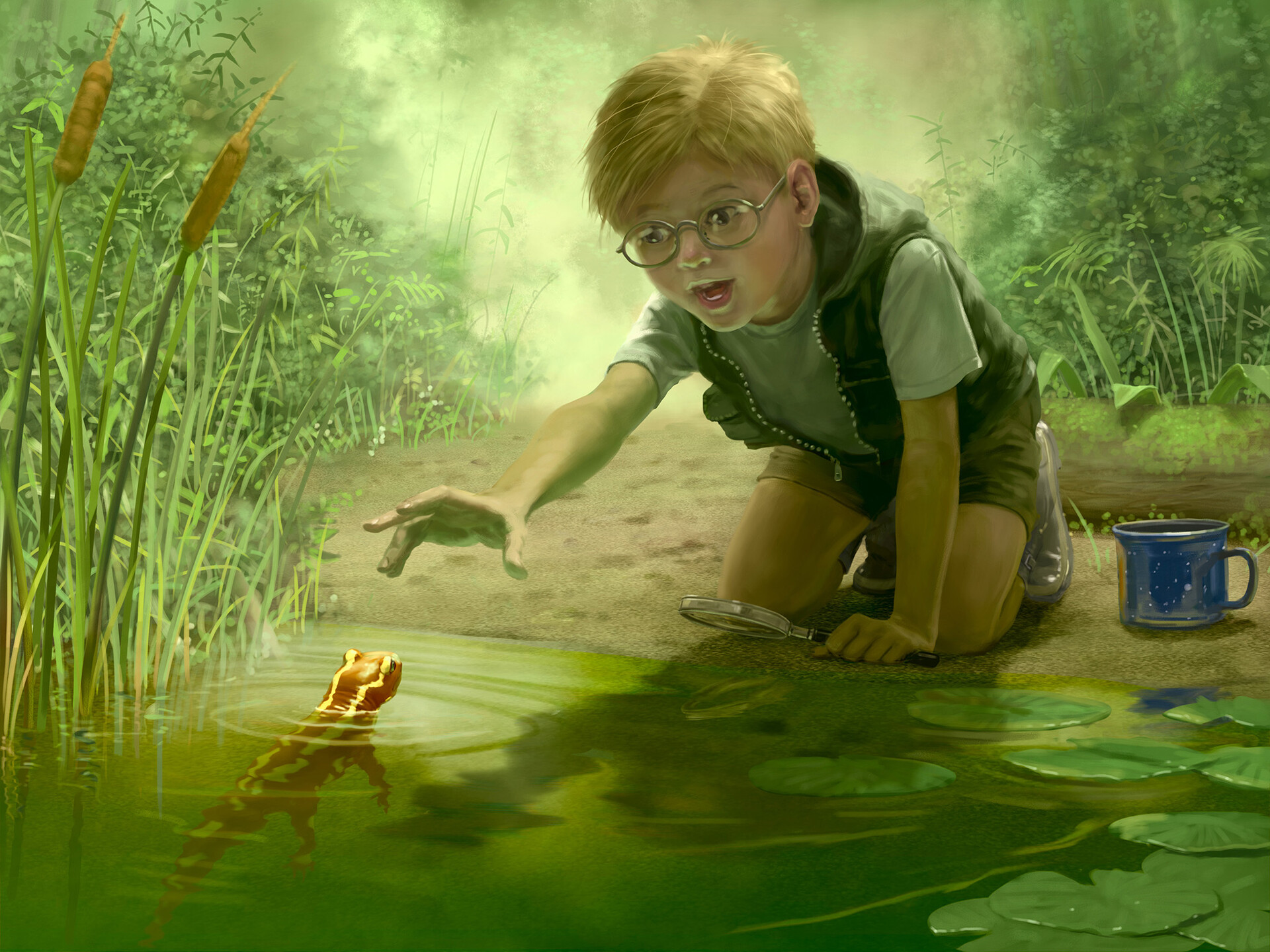 Мальчик наловил 8 жуков. Мальчик с лягушкой. Мальчики на пруду. Иллюстрации природы для детей. Дети фэнтези.