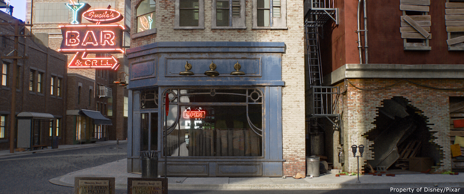 Early IP work from a sequence that was eventually cut from the film (front two buildings)