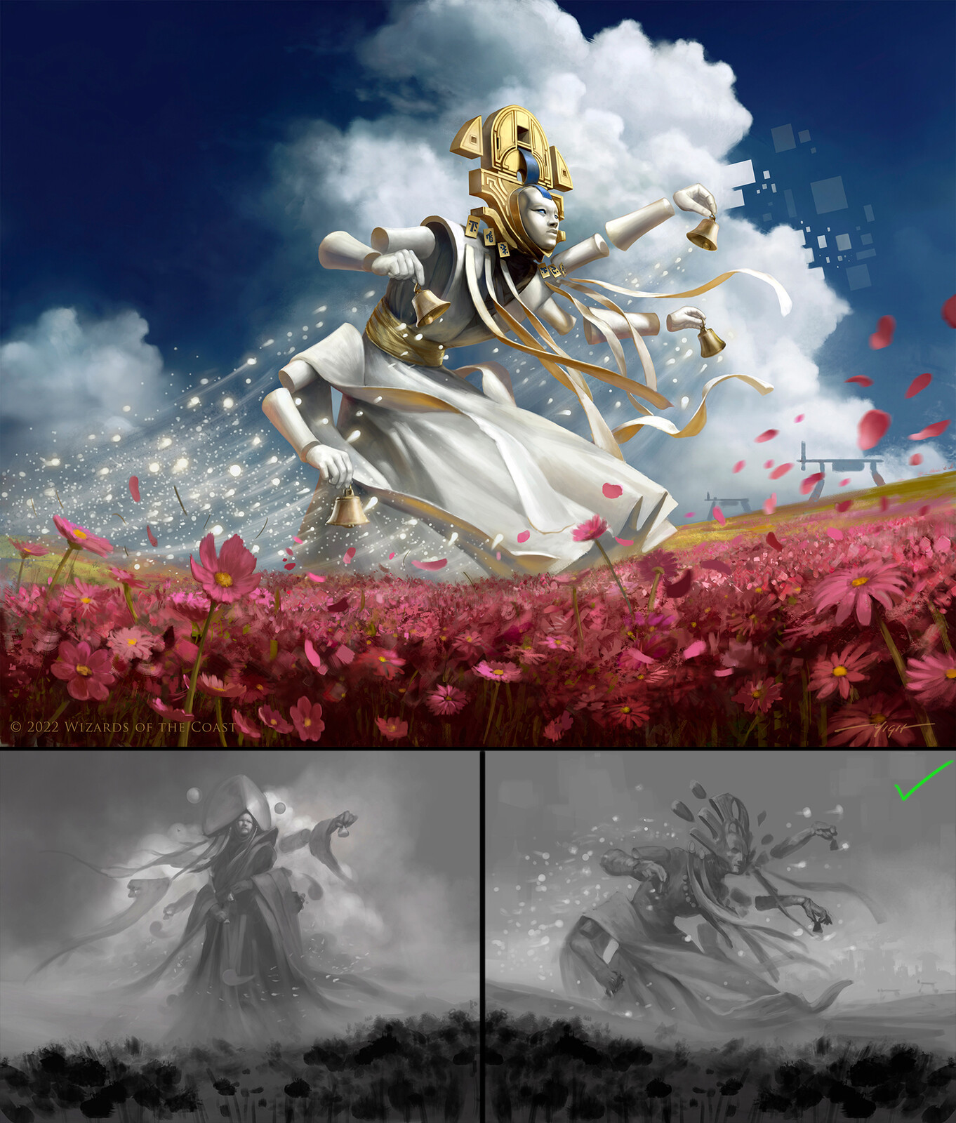 Myojin of Blooming Dawn, for Magic the Gathering's "Kamigawa: Neon Dynasty" set. 2022. 
The brief for this assignment had minimal visual guidance, so i was free to design this character.