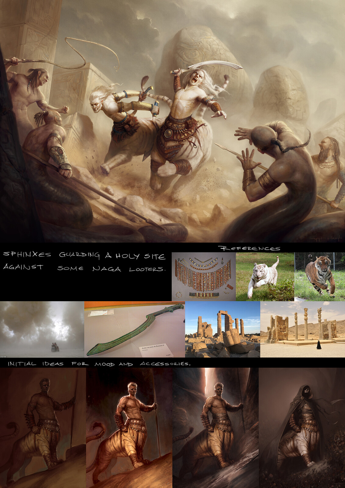 Defenders of Ardash. Mesopotamian mythology has lots of lion and snake creatures so i wanted to depict a fight scene seeing some characters in action and give a hint to the environment of this setting.
