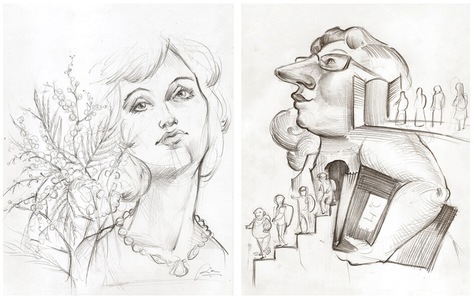 2 different subjects - Sketches to understand if the client prefers a caricatural style or a classic view