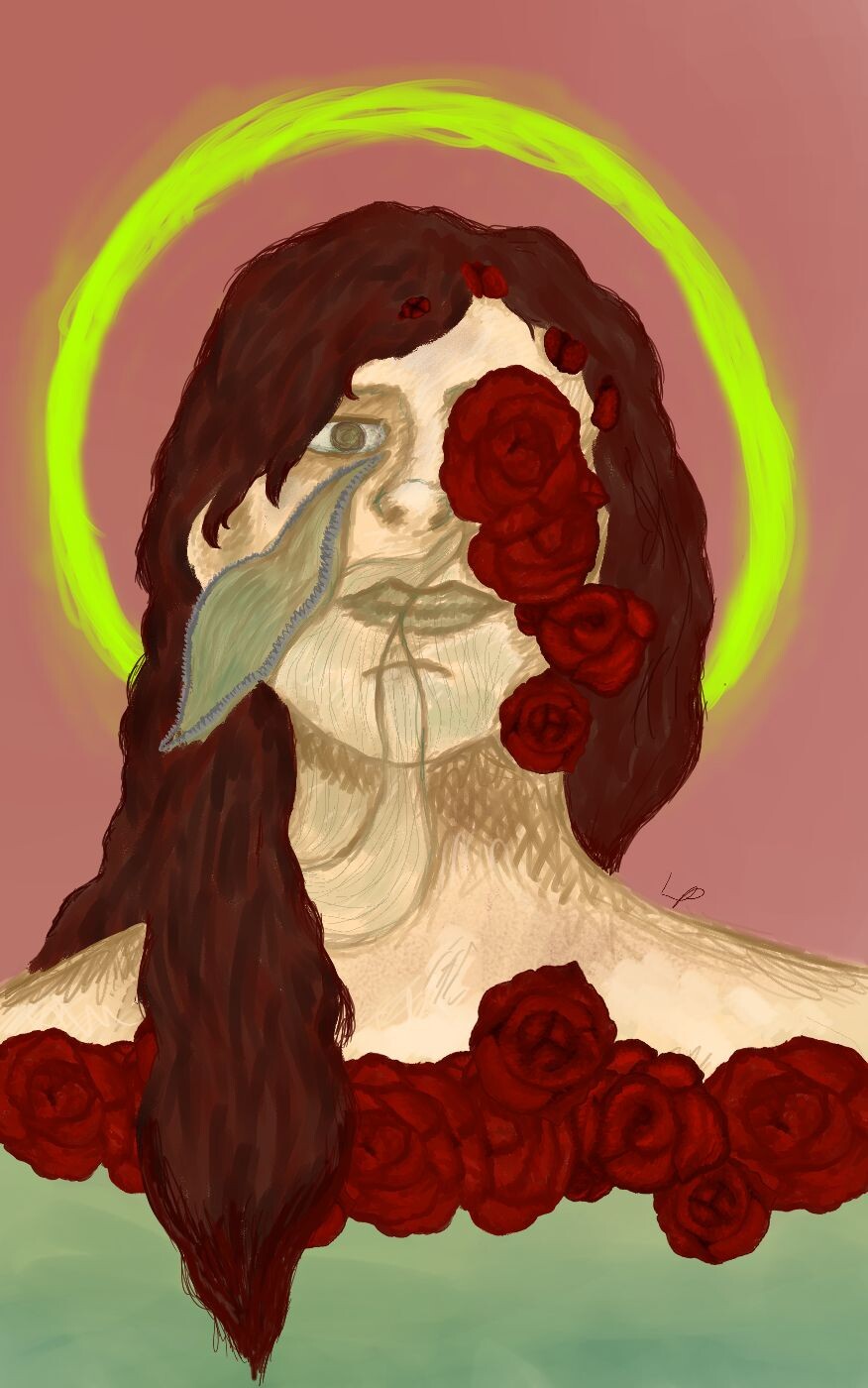 A human has mutated to grow roses out of their body