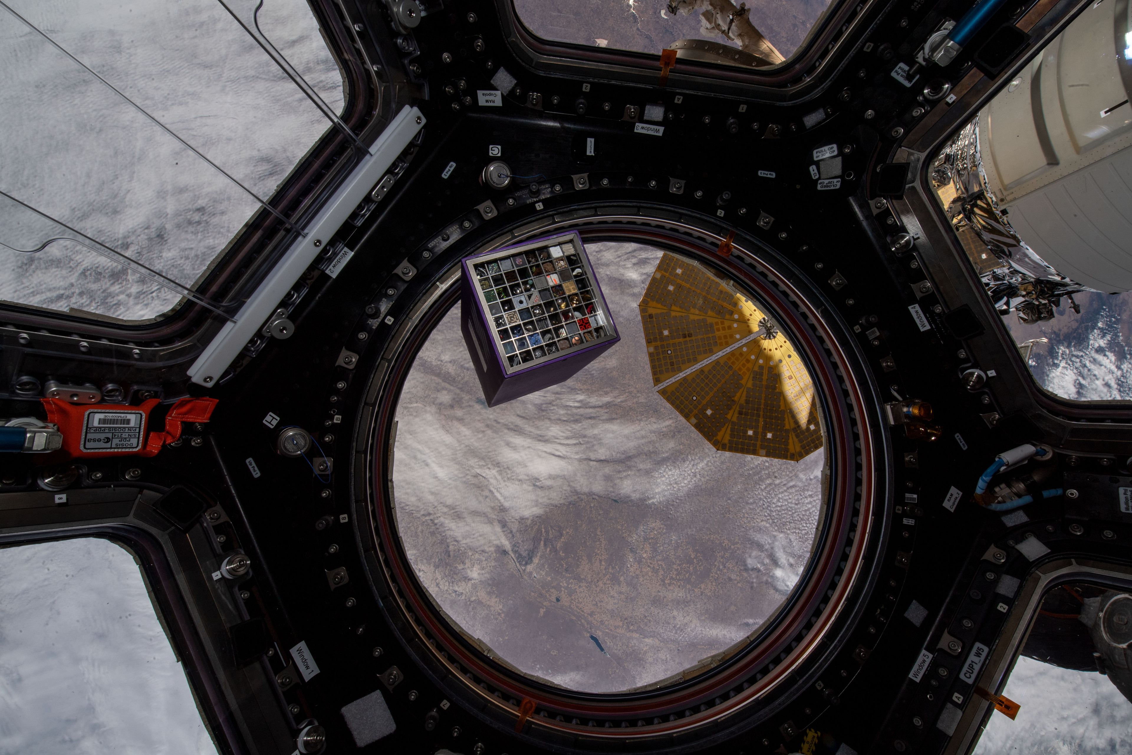 Moon gallery floating in the cupola on the ISS. You can see the rice grain floating in the upper right, second row. 