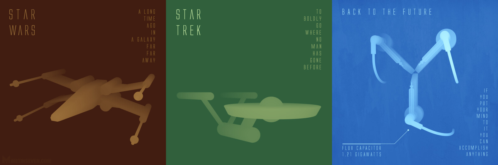 Stylized tributes to Star Wars, Star Trek and Back To The Future