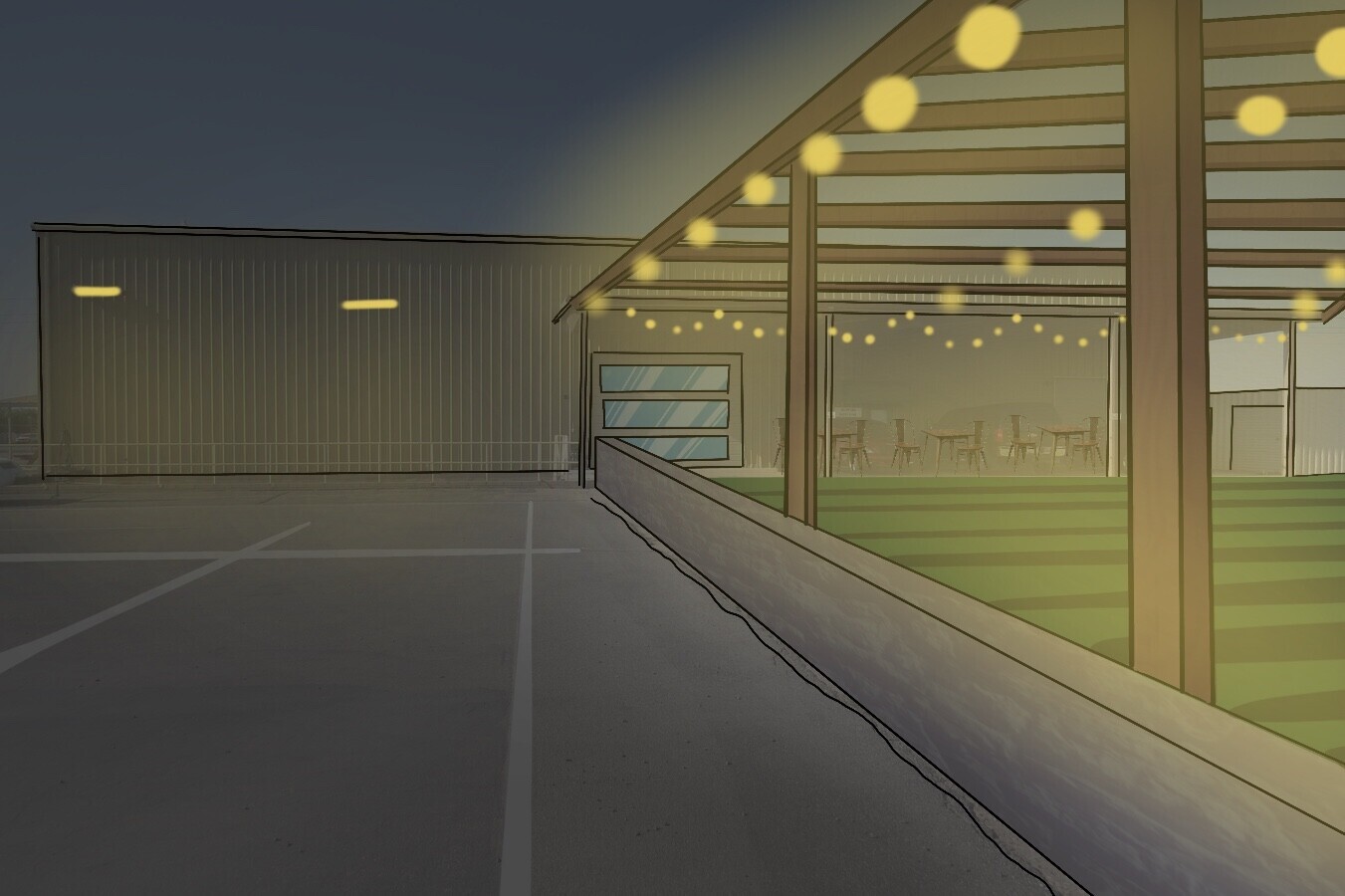 Lighting will be strung along the awning so that the venue space can be used after dark. There is storage space to the right where the lawn games can be stored at night.