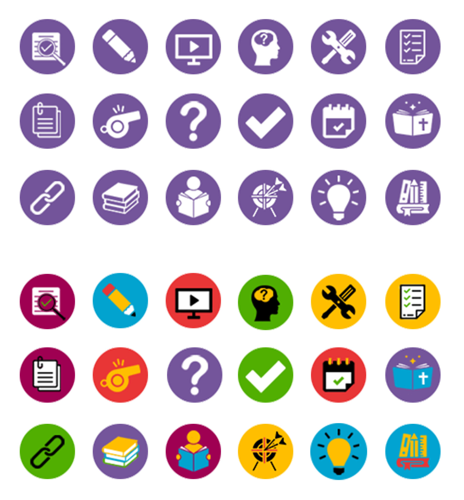 Clickable Icons for the website. The client wanted multiple options so the elementary students will see the colorful icons and highschool students will be treated with a more modern and simplistic set of icons on the school website. 