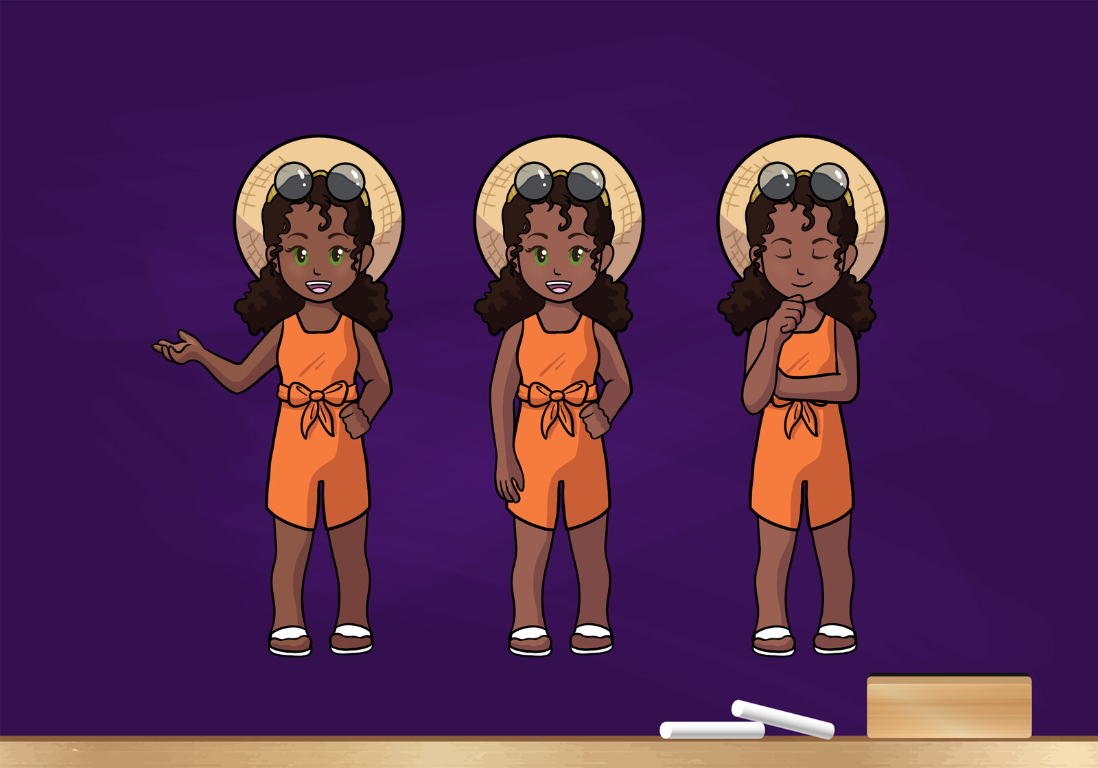 Each costume set had a series of poses and expressions to change around as the character teaches the lesson.