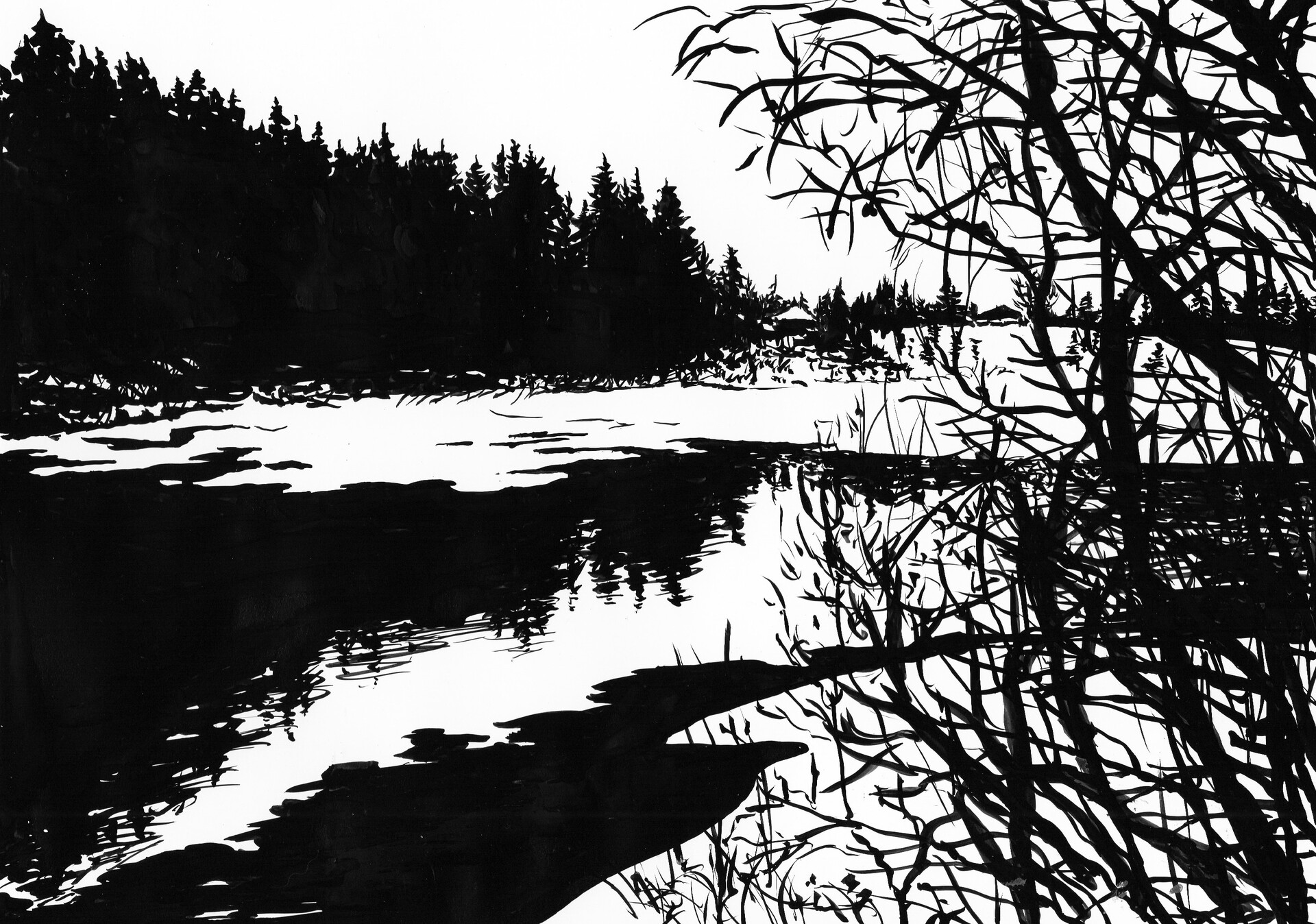 Бумажная река. Пейзаж речка Графика тушью. Ink Графика