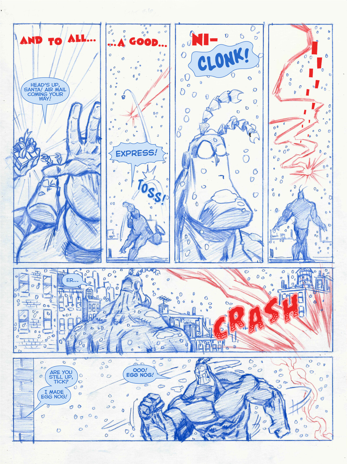 Tick Christmas Page 4
The Tick is copyright © Ben Edlund, All other characters © New England Comics