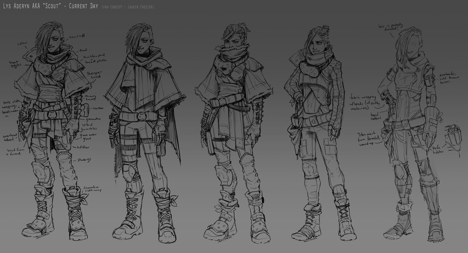 4th pass of roughs, trying to bring more natural/boho style to mix with the tactical accessories, while trying to retain a sense of practicality/functionality.