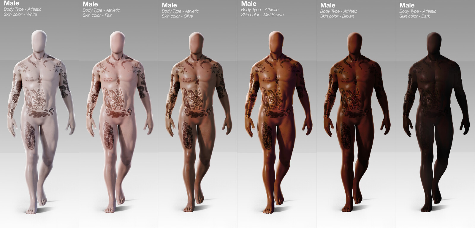 We envisioned this as a really inclusive game, so we applied the Fitzpatrick skin type scale so we can have all the representation on color besides also having all the bodytypes.