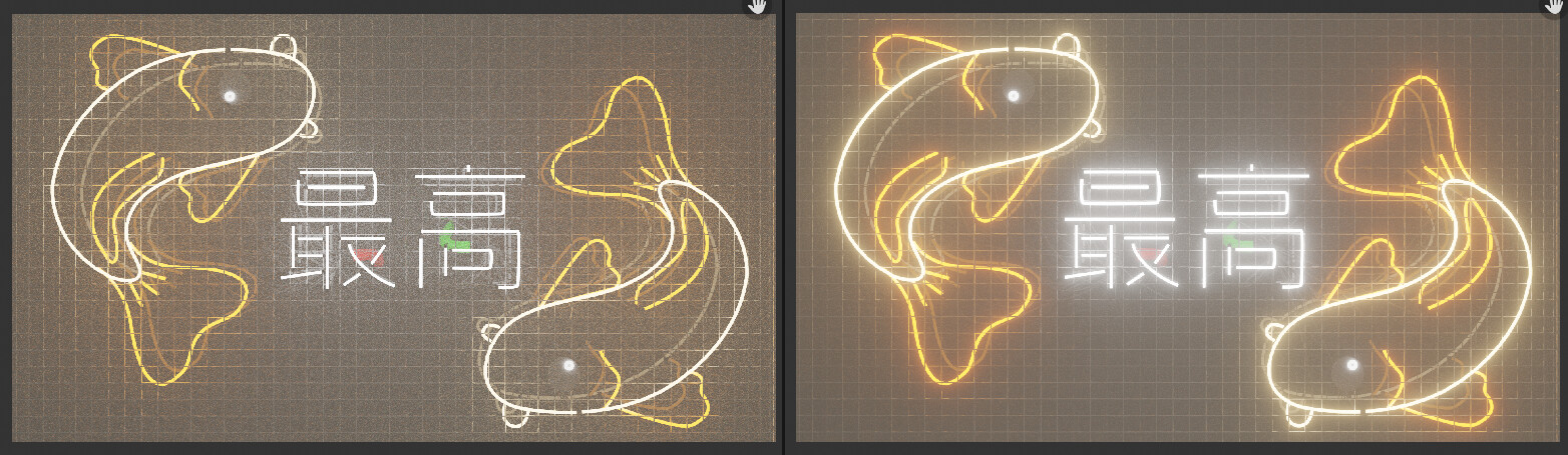 Compositing comparison. Left: Raw render. Right: Post compositing.