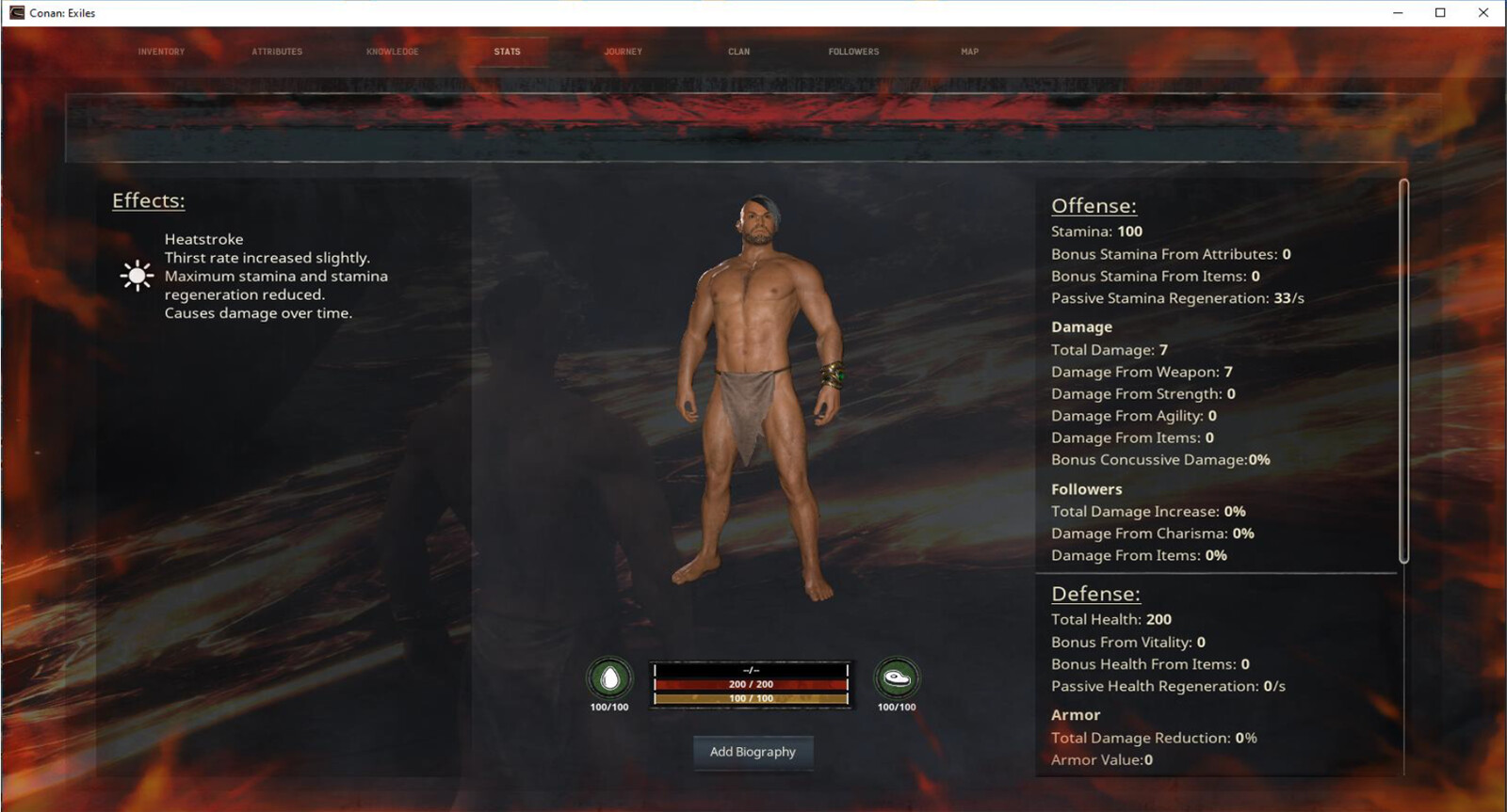 Current UI for Conan Exiles "Stats" screen
