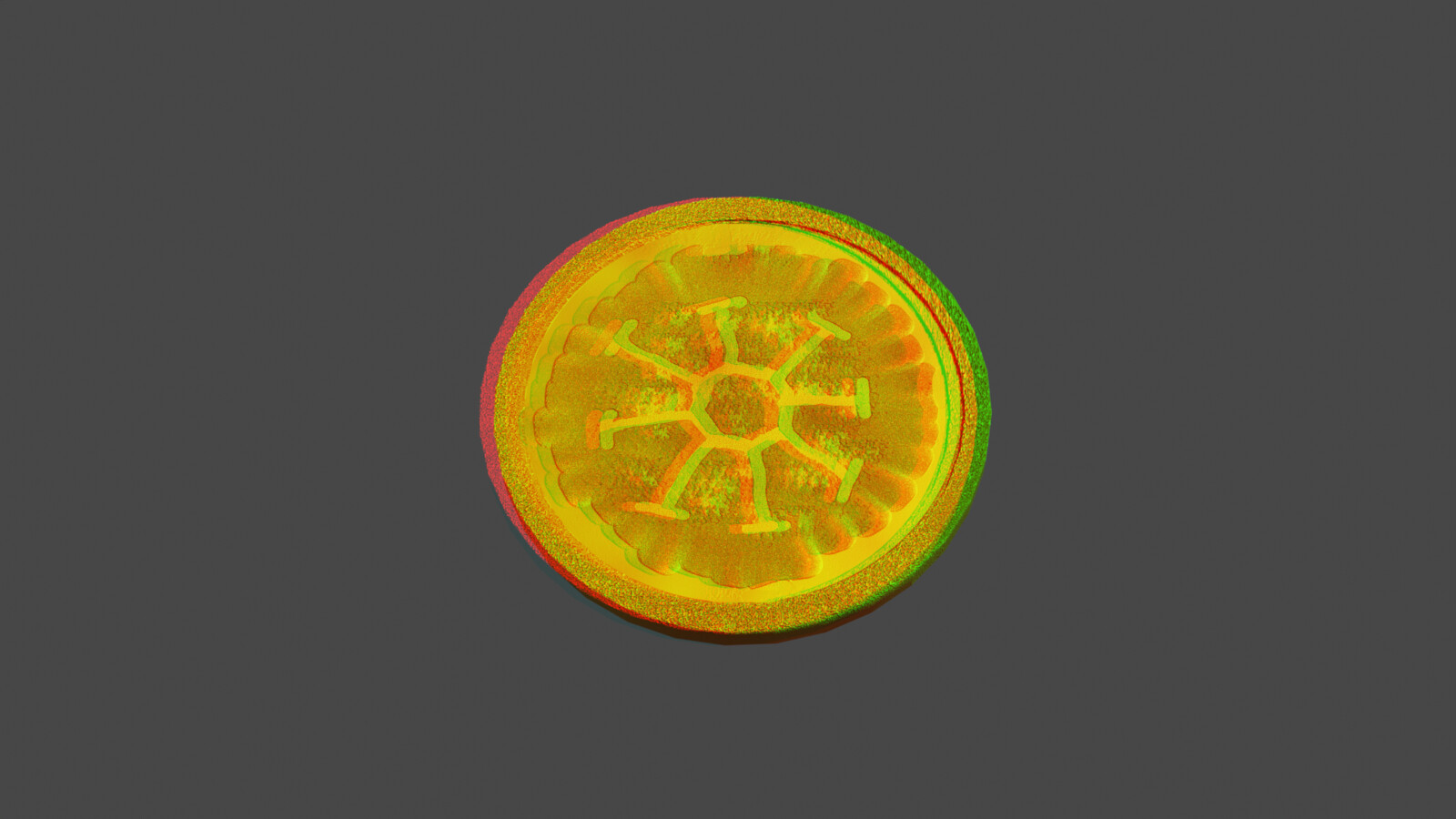 The same coin in anaglyphic 20x scale. I almost added EUrion but it's complicated enough, I think. I added some scuffing to the outer edge, which may also work with the Elder Sign coin... I'll have to check.