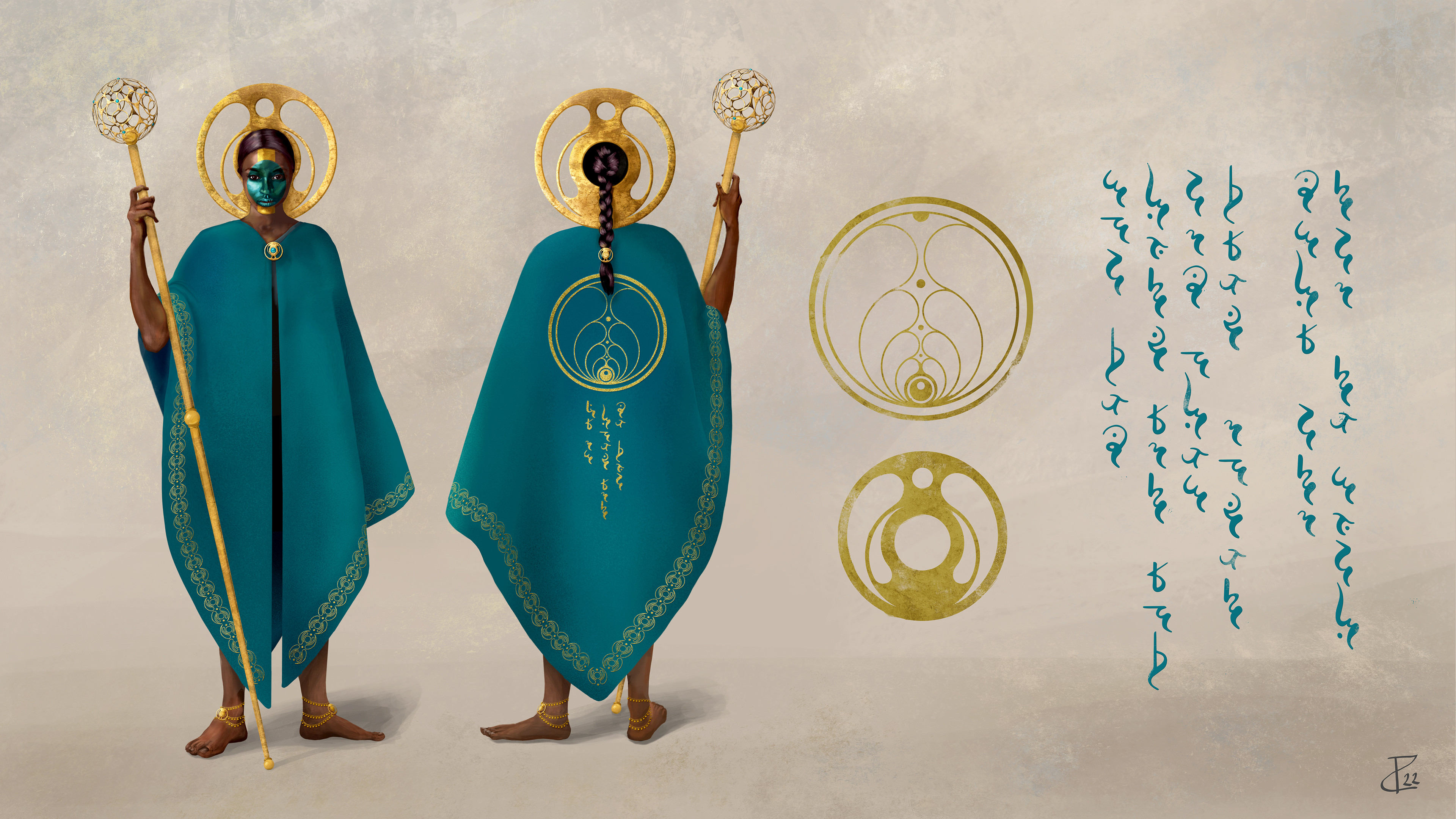 Character Concept with Iconography and Writing System.