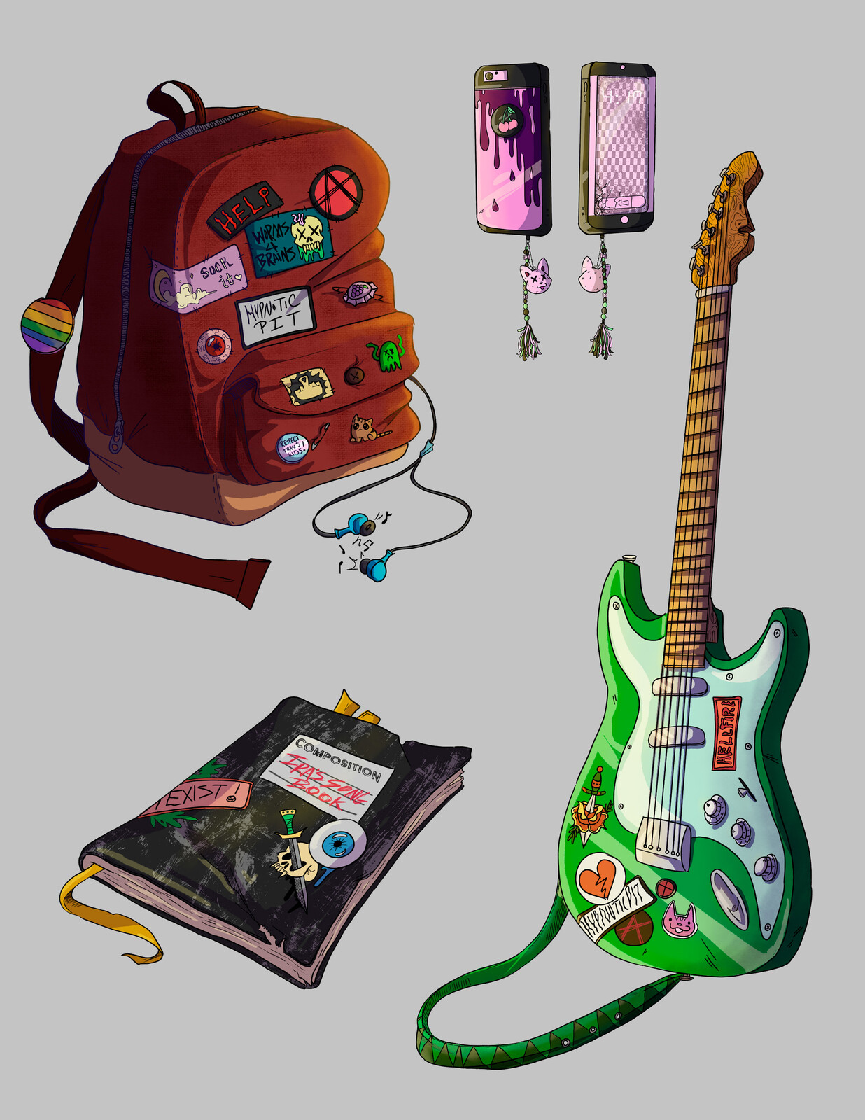 A variety of different items belonging to the characters.