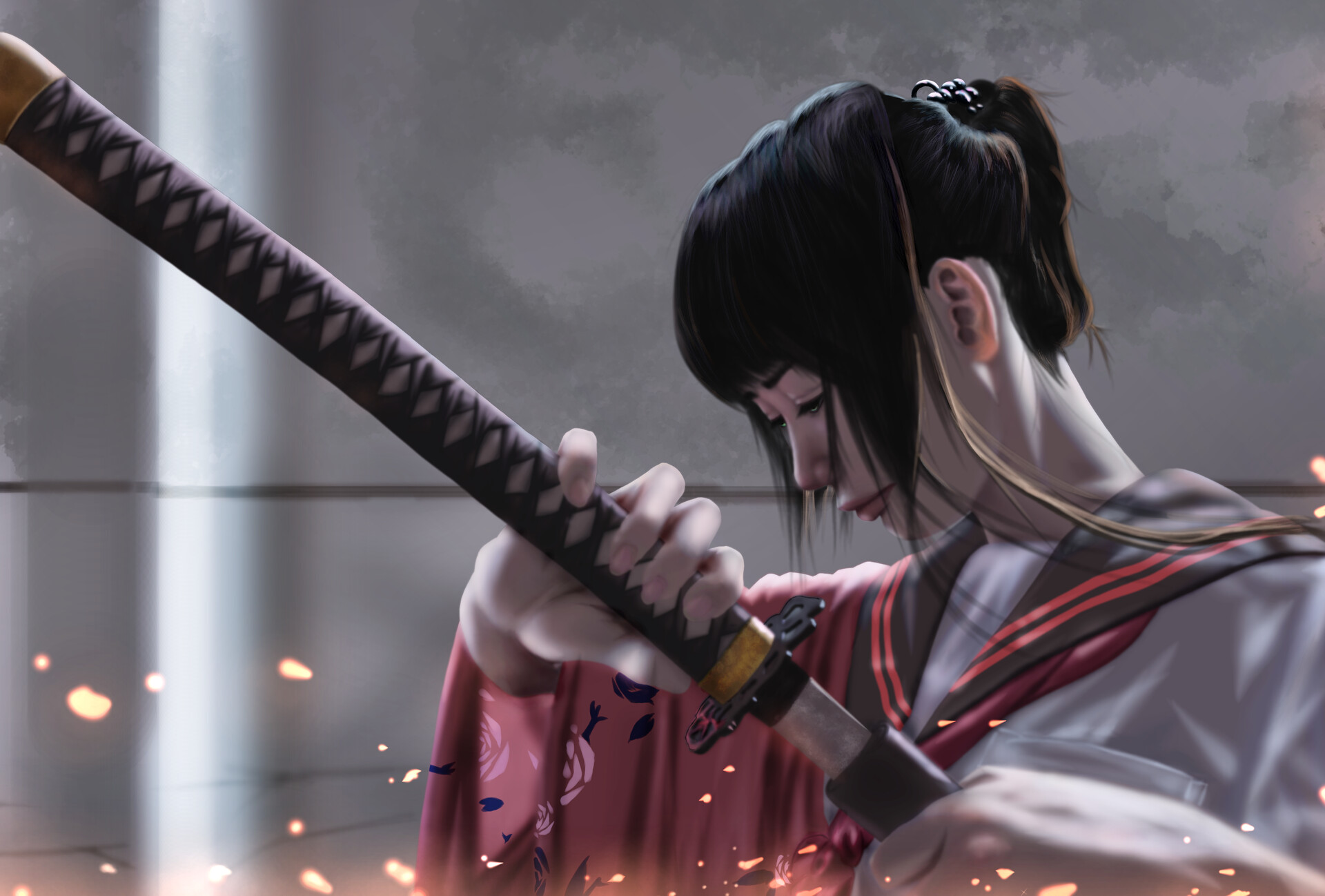 ArtStation - Her katana in the fire lights