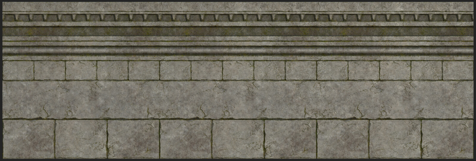 I then added some dirt and moss to the trim sheet, not too much that the tiling would be easy to notice, but enough that I wouldn't have to add more dirt and moss with decals later. I tiled the mesh to check that the tiling wasn't too noticeable.