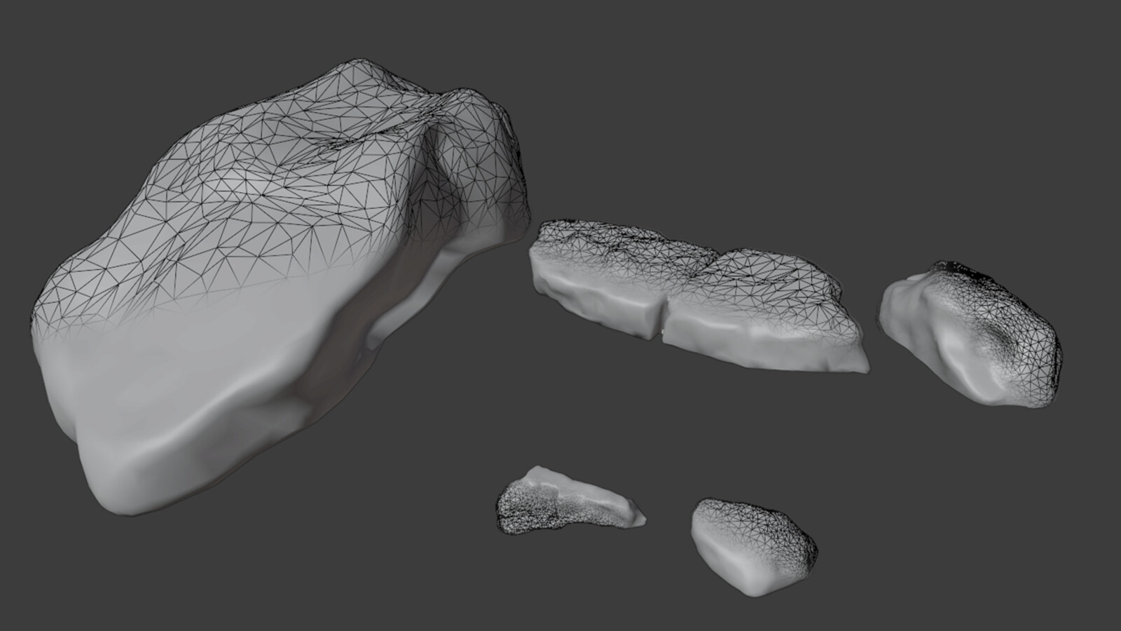 I knew I wanted to experiment with photogrammetry so I went out to my local park and photoscanned some rocks. I processed the data in Metashape, then cleaned up the models in Zbrush before importing into 3ds max to apply smoothing groups to the models.