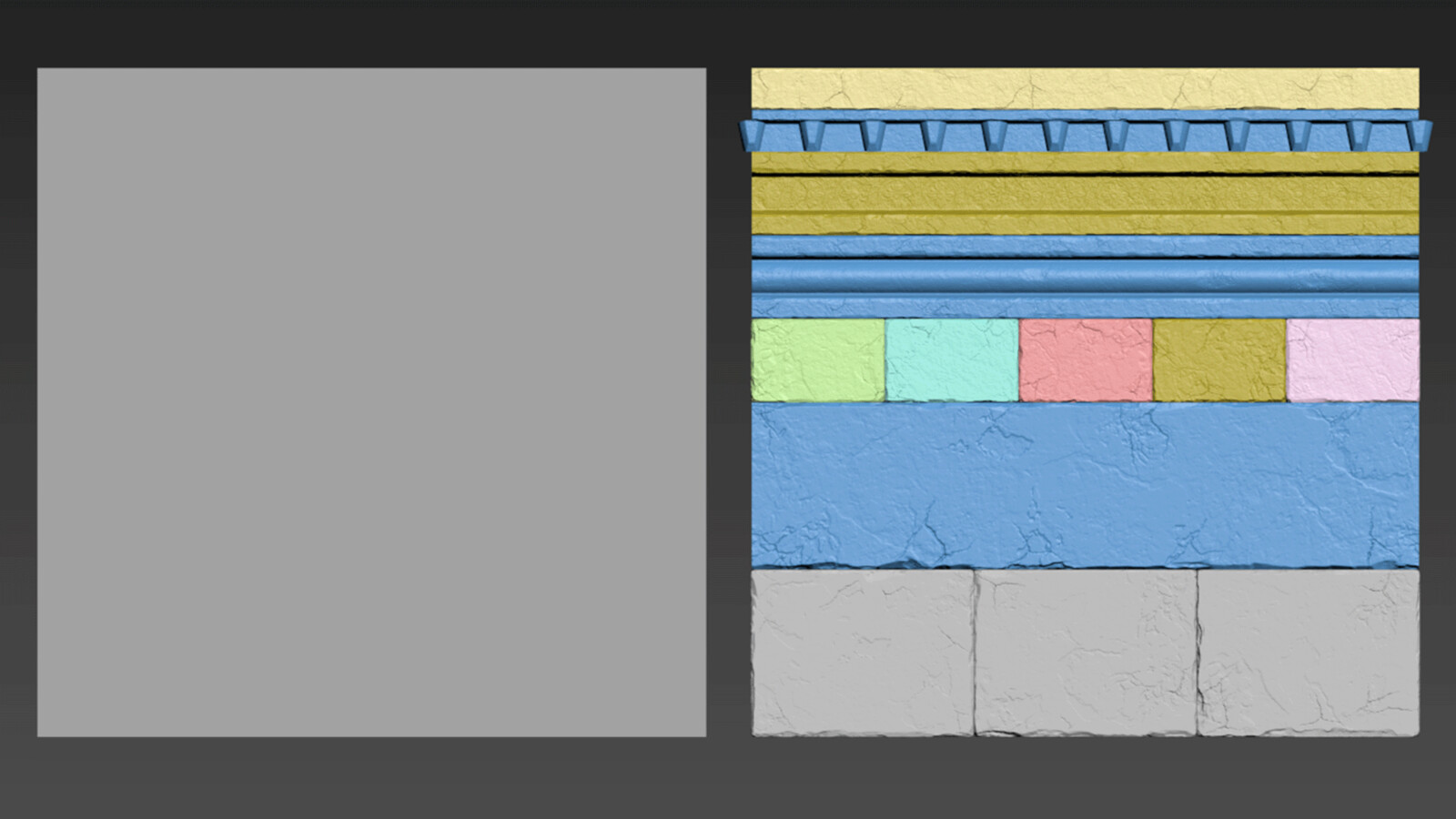 Before going to Substance, I imported the finished sculpt back into 3ds max and created a single poly plane; ensuring that the plane was the exact same size as the trim sheet. I also assigned colours to vertex groups to make life easier.