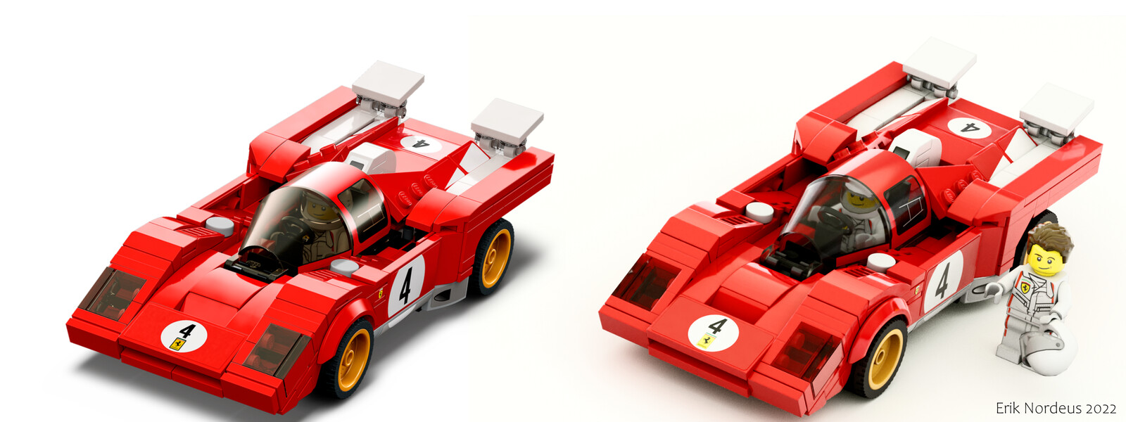 Experiment making a digital 1970 Ferrari 512 M LEGO model: the left one is from the LEGO website and the right one is by me. I think they use digital models on the website as well because the left one is too smooth to be real. 