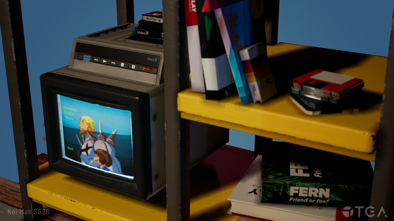 Close up on the shelf with books, diskettes and the Sony EVM 9010