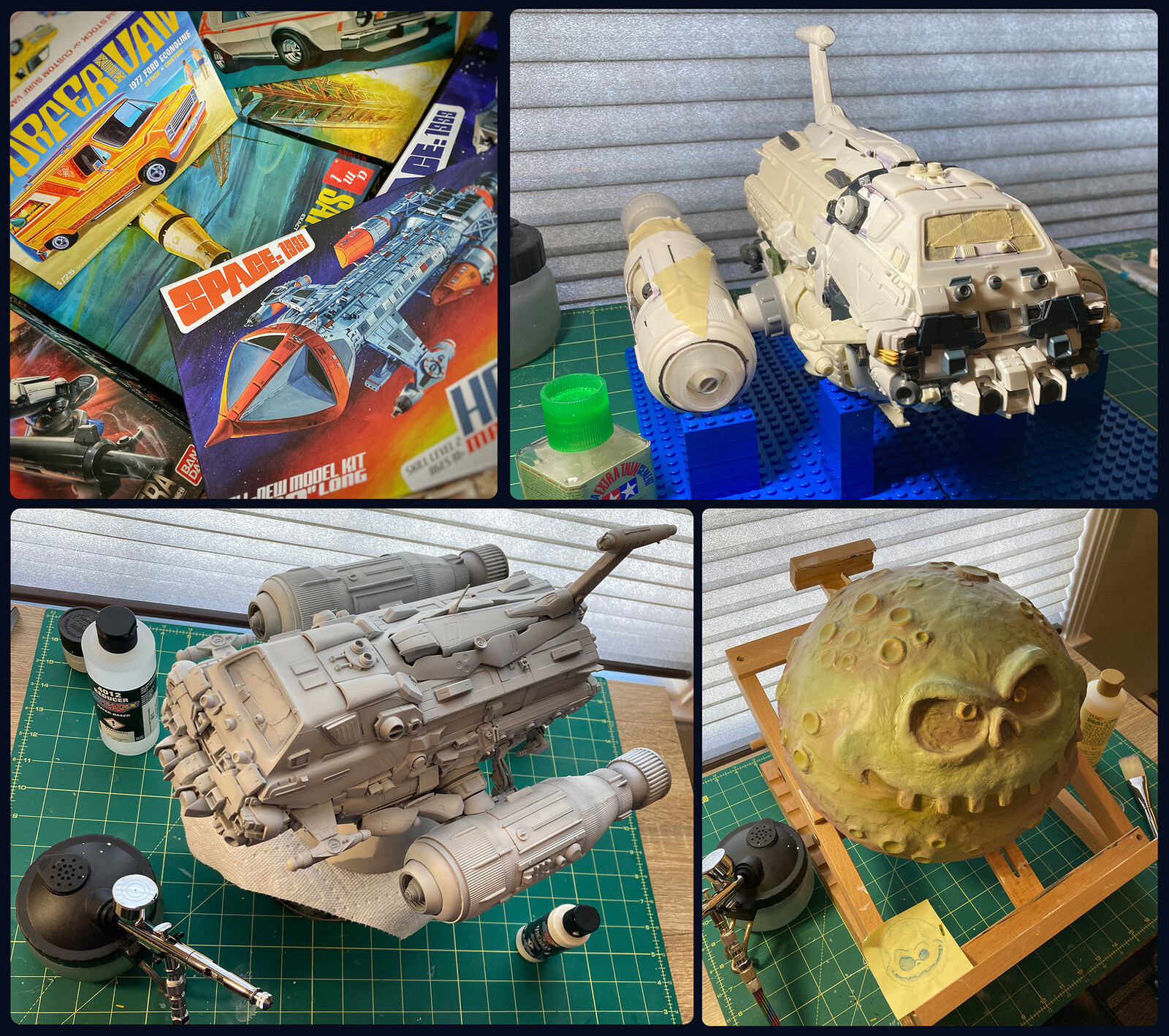 A selection of the model kits used for the ship. I used my airbrush to pre-shade and post-shade the model. The planet used a florist's styrene ball covered in air-dry clay. This was then primed green and airbrushed to add contrasting colours