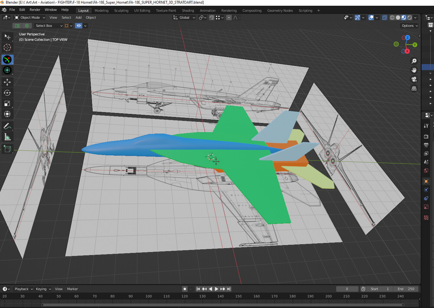 I started to build very basic placeholder structures like the fuselage, wings, engines/inlets, and the vertical and horizontal stabilizers.  Initially I color coded the different sections so I can just work on getting their basic shapes in place.