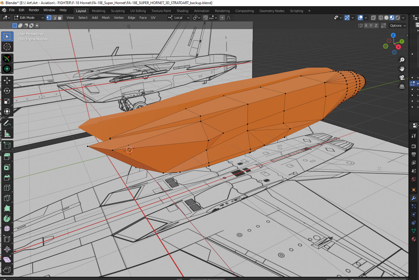 Next, I start to define the engine inlet based on photo references. I'm working in symmetry at this point.