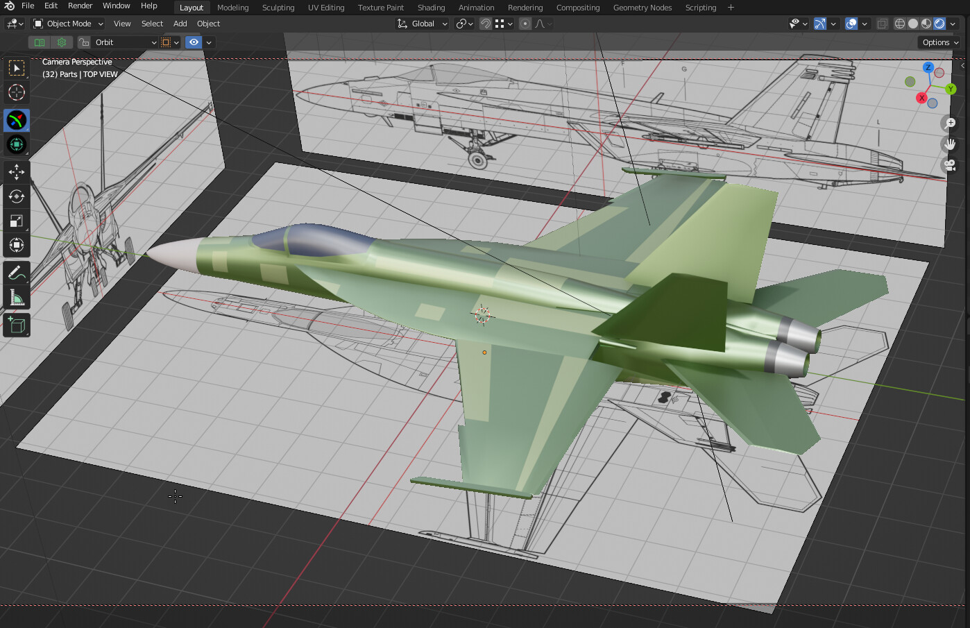 Refining the wings, vertical and horizontal stabilizers. 